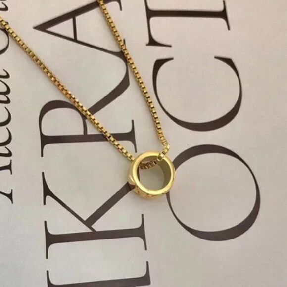 Plaid 18K Gold Yellow Gold Cylinder Lovers Circle Wheel Chain Necklace Dainty - Picture 5 of 6